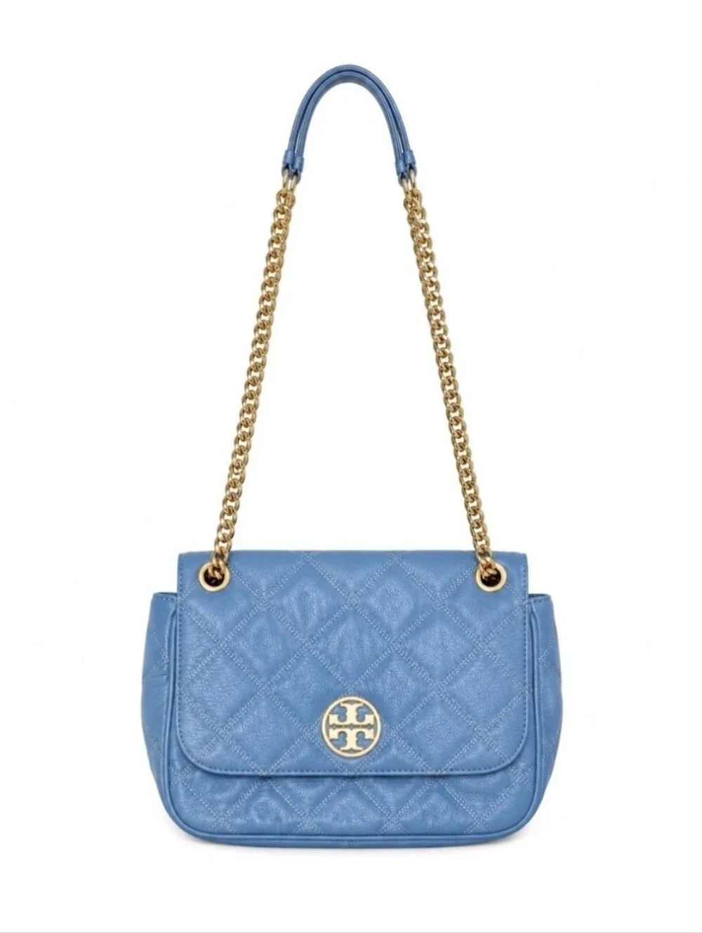 Tory Burch Fleming Quilted Leather Shoulder Bag Blue Gold Chain